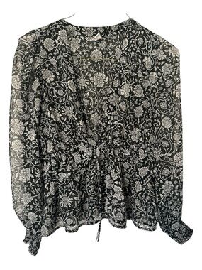 Old Navy Black White Floral Peplum Blouse Women’s Medium Long Sleeve Boho Top